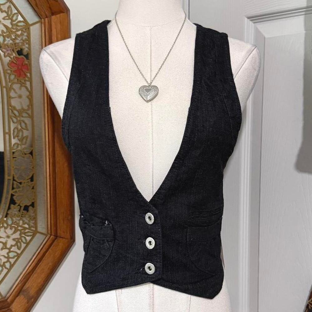 NWT Y2K Bongo Dark Navy Denim Plunge Button Up Cropped Vest Top w Waist Ties M